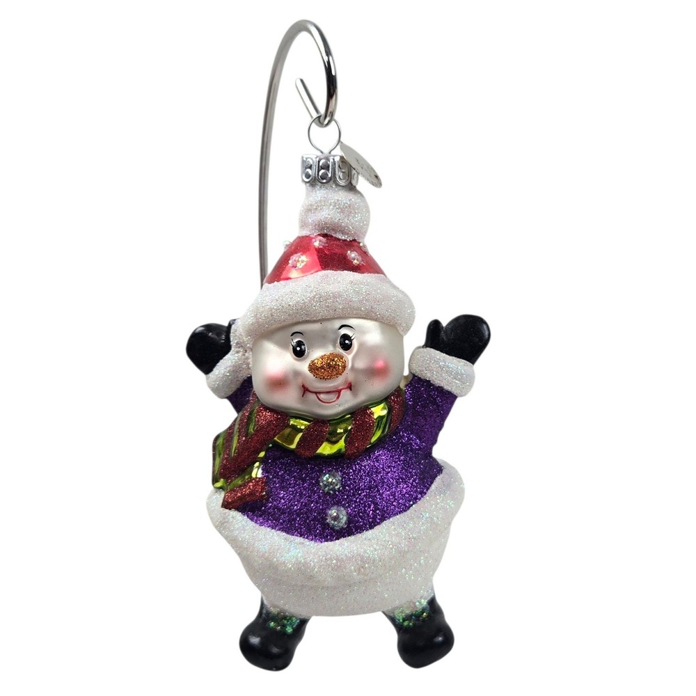 Christopher Radko Celebrations Snowman Glass Ornament Purple Red Glitter 5" 2011